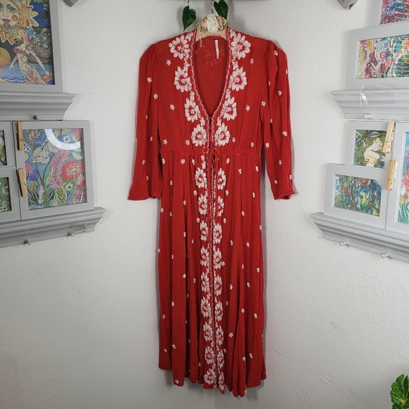 Free People Red White Embroidery Bohemian Boho Midi Oversized XS - Picture 3 of 16